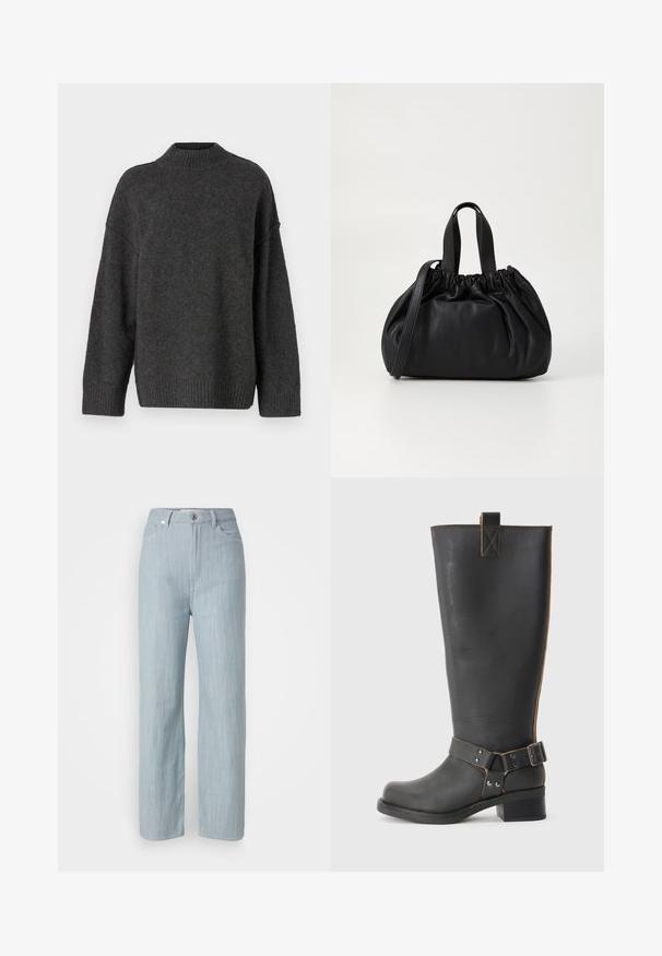 Tmavošedý pletený sveter s vysokým golierom, padnutými ramenami a rebrovanými manžetami a lemom. Mäkká textúra s voľným strihom.; Svetlomodré džínsy rovného strihu vyrobené z denimu. Majú päť vreciek, kovové zapínanie na gombík a jemné žmolkovanie pre textúru.; Čierna kožená čižma po kolená s textúrovaným povrchom, obsahujúca postranný akcent s prackou a nízkym opätkom. Podrobné prešitie pozdĺž švov.; Čierna kožená kabelka so zberaným vrchom, s dvoma krátkymi držadlami a dlhým nastaviteľným popruhom. Hladká textura, zaoblený tvar.