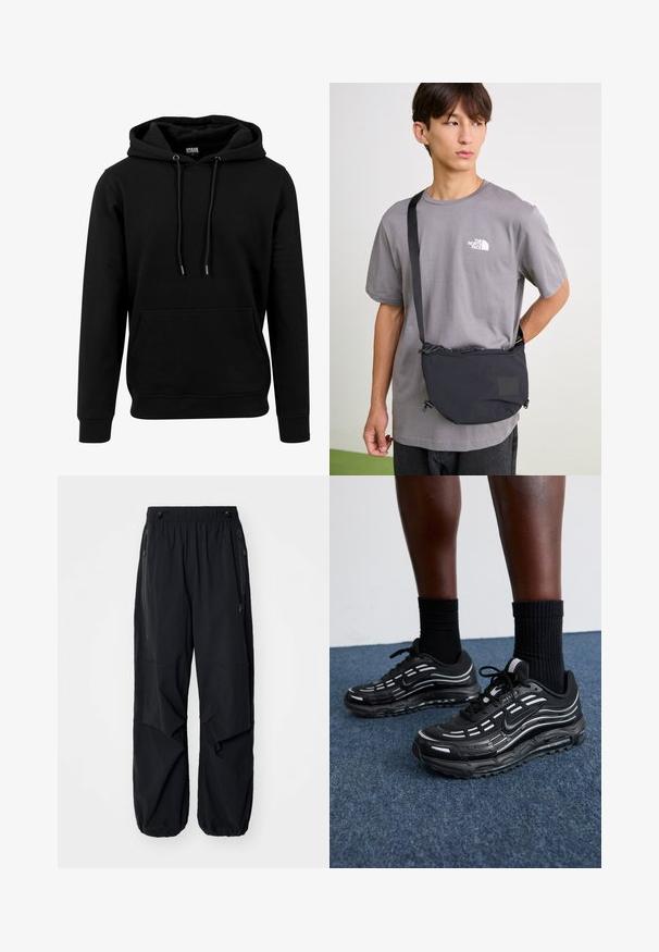 Must värvi pehme kangaga must kapuutsiga, millel on suur esikott, nööbid ja soonikkoes varrukad ja ääred. Lihtne, ühtne värvi disain.; Mustad mustad cargo püksid elastse vöökoha, külgzippide ja avarate taskutega. Omab laia lõiget ja kitsenevaid sääreotsasid.; Mustad mustad Nike'i jalanõud on varustatud võrkstruktuuriga pealispinna, aktsenttriipude, tekstuuritud paelte ja musta kummist tallaga. Kannan mustade ribakudumiste sokkidega.; Must mustriga mustra kott, millel on reguleeritav rihm, joonimise sulgemise ja reljeefse logo detailiga. Kandmine halli t-särgi peal.