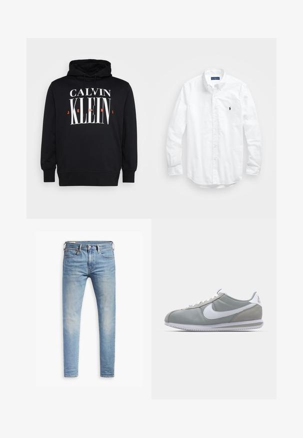 Felpa nera con cappuccio e grande logo "CALVIN KLEIN JEANS" in bianco e arancione. Presenta coulisse e polsini e orlo a coste. Texture del tessuto morbida.; Camicia bianca a maniche lunghe con bottoni in cotone. Presenta un colletto classico, polsini a bottone e un piccolo logo ricamato in blu navy sul petto.; Jeans slim fit blu chiaro con leggere sfumature sulle cosce, chiusura con bottone anteriore, passanti per cintura e cinque tasche su uno sfondo bianco.; Scarpa sportiva grigia con tomaia in camoscio e tessuto, swoosh Nike bianco e lacci bianchi. Presenta una suola in gomma testurizzata e un collare imbottito.