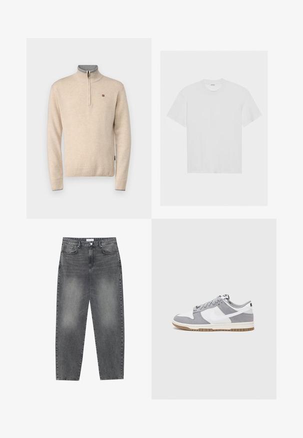 Beige Zip-Pullover mit gerippten Bündchen und Saum, mit einem grauen Innenkragen und kleinem Flaggenlogo auf der Brust. Weiche Strickstruktur.; Weißes Baumwoll-T-Shirt mit kurzen Ärmeln, Rundhalsausschnitt und lässiger Passform. Glatte Textur und keine sichtbaren Muster oder Akzente.; Hoch taillierte, locker sitzende Jeans aus verwaschenem schwarzem Denim. Verfügt über fünf Taschen, Gürtelschlaufen und ein sauberes, gerades Bein-Design.; Graue und weiße Sneaker mit einem Obermaterial aus Wildleder und Leder, abgerundeter Spitze, flachen Schnürsenkeln und einer Gummisohle mit einem Kautschukakzent.