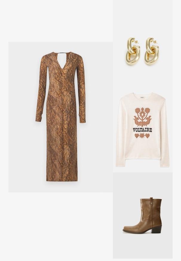 Krémový svetrový pulóver s dlhým rukávom vyrobený z mäkkého materiálu, zdobený hnedým kvetinovým vzorom a slovom "VOLTAIRE" v čiernej farbe. Jemná textúra a neutrálny odtieň.; Dlhý rukáv šaty s výstrihom do V a otvoreným chrbtom, s hnedou textúrou podobnou kožušine a vzorom po celom materiáli.; Hnedé kožené členkové topánky so štvorcovou špičkou, textúrovaným povrchom a nízkym vrstveným podpätkom. Obsahujú zadný úchyt a diskrétne prešívanie.; Hnedá taška z kože s embosovaným vzorom krokodíla, cylindrického tvaru, so zlatými hardvérovými doplnkami a odnímateľným popruhom so štítkami.; Rabanne XL LINK DOUBLE HOOP EARRINGS - Náušnice - gold-coloured