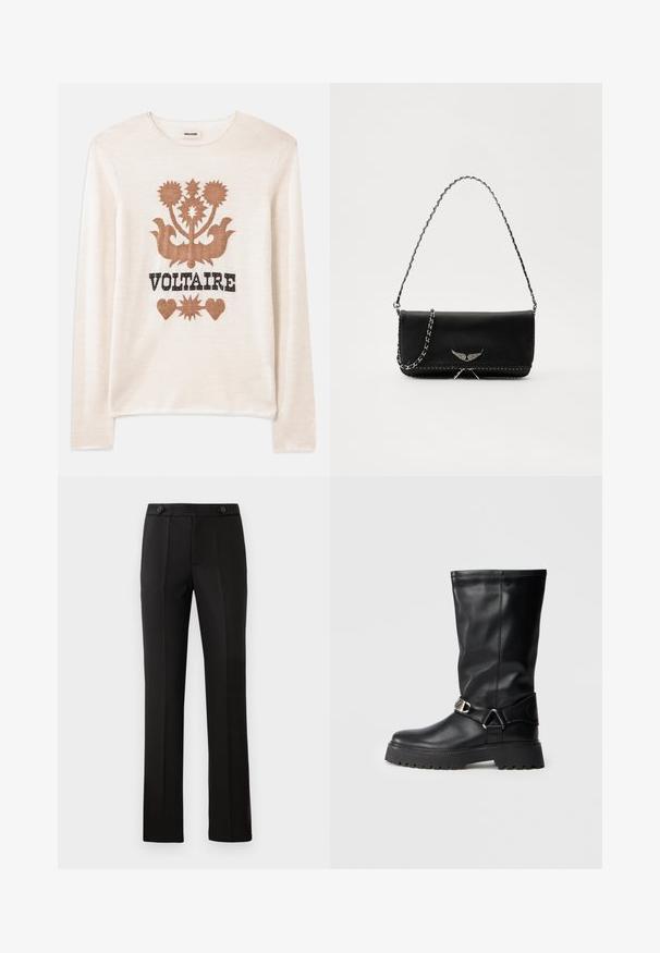 Kerman värinen pitkähihaine villapaita, joka on valmistettu pehmeästä materiaalista. Sen koristeena on ruskea kukkakuosi sekä sana "VOLTAIRE" mustalla värillä. Hienovarainen rakenne ja neutraali väri.; Mustat mittatilaustyönä tehdyt housut, joissa on suora lahje, kaksi etutaskua, nappisulku ja rypytyksellä varustettua yksityiskohtaa edessä. Sujuva materiaali.; Mustat polven korkeudelle ulottuvat saappaat, jotka on valmistettu sileästä nahasta. Niissä on sivulla soljella varustettu yksityiskohta ja paksu, teksturoitu pohja pitävyyden takaamiseksi.; Musta nahkalaukku, jossa on hopeaketjuolkaimet, koristelu siipiyksityiskohdilla ja valkoisella ommellulla sauman alareunassa.