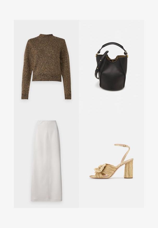 Brown knit sweater with high neck, long sleeves, and a cropped design. Features a textured pattern throughout, adding depth to the fabric.; High-waisted, floor-length skirt in light gray fabric with a smooth texture and minimal seams, featuring a straight cut and no visible fastenings.; Gold heeled sandals with a knotted front, pleated texture, and an ankle strap. The block heel has a ribbed design, enhancing grip.; Black leather bucket bag with a textured finish, gold hardware accents, and an open top. Features a short handle and adjustable shoulder strap.