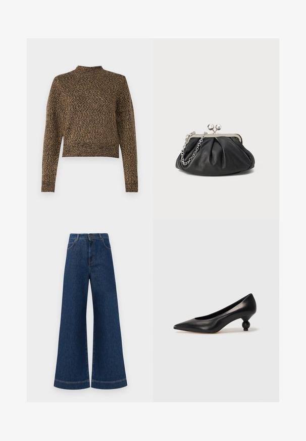 Barna kötött pulóver magas nyakkal, hosszú ujjakkal és rövidített fazonnal. Az anyagon végigfutó textúrázott minta mélységet ad a ruhának.; Magas derekú, széles lábú kék farmernadrág, gombos záródással, övhurkokkal és diszkrét varrási részletekkel a zsebeknél és a szegélyeknél.; Fekete bőr magassarkú cipő, hegyes orral és kerek, gömbölyű sarokkal. Simább textúrával, elegáns, minimalista dizájnnal.; Fekete bőr táska ráncolt textúrával, ezüst színű fémszerkezettel, csattal záródó fedéllel és láncos pánttal. Simító, puha felület.
