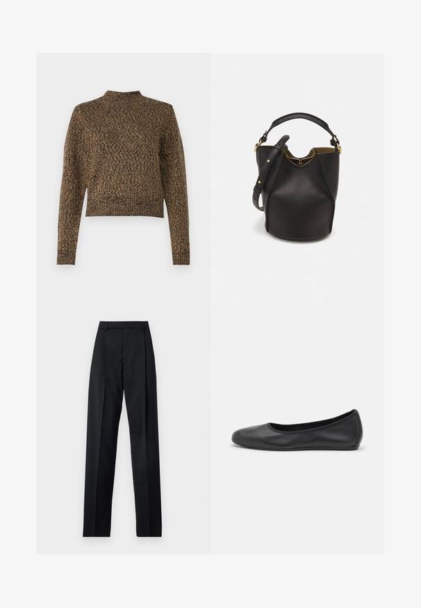 Hnědý pletený svetr s vysokým límcem, dlouhými rukávy a zkráceným designem. Obsahuje texturovaný vzor po celém povrchu, který přidává látce hloubku.; Černé kalhoty vyrobené z hladké tkaniny, vybavené vysokým pasem, širokými nohavicemi, předními záhyby a klasickými poutky na opasek. Nejsou viditelné boční kapsy.; Černé kožené baletní byty s kulatou špičkou, hladkou texturou, minimálními švy a flexibilním designem podrážky.; Černá kožená kabelka ve tvaru vědra s texturovaným povrchem, zlatými kovovými akcenty a otevřeným vrchem. Obsahuje krátkou rukojeť a nastavitelný ramenní popruh.