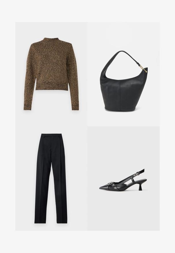 Bruine gebreide trui met hoge nek, lange mouwen en een cropped ontwerp. Bevat een gestructureerd patroon dat diepte aan de stof toevoegt.; Zwarte broek gemaakt van gladde stof met een hoge taille, wijde benen, voorplooien en klassieke ceintuurlussen. Geen zijzakken zichtbaar.; Zwarte leren slingback schoen met een puntige neus, decoratieve banden met metalen oogjes en een lage blokhak. Textuur oppervlak.; Zwarte leren handtas met een ronde vorm, een brede schouderriem en een gestructureerde afwerking. Bevat subtiele naaddetails en een gouden hardwareaccent.
