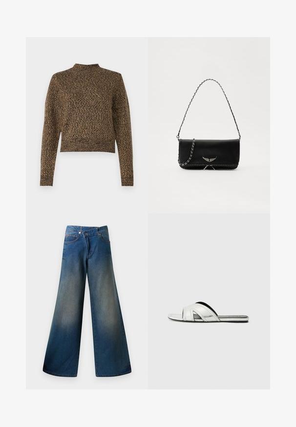 Maglione lavorato a maglia marrone con colletto alto, maniche lunghe e design corto. Presenta un motivo testurizzato su tutta la superficie, che aggiunge profondità al tessuto.; Jeans blu a gamba larga realizzati in denim, con una finitura leggermente sbiadita, cuciture visibili, due tasche anteriori e chiusura con bottone.; Sandali piatti argento con finitura metallica, caratterizzati da un design a fascia curva, dettagli ritagliati e una suola testurizzata per una migliore aderenza.; Borsa a mano in pelle nera con una tracolla in catena argento, caratterizzata da decorazioni a forma di ali e cuciture bianche lungo la cucitura inferiore.