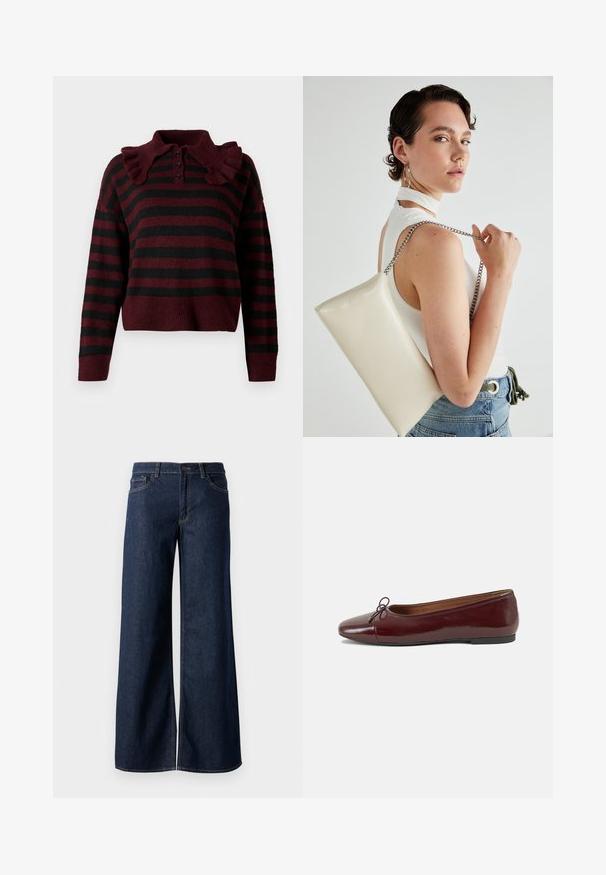 Suéter de malha listrado em bordô e preto com colarinho com folhos, botão de três peças e bainha curta. Textura suave com um ajuste descontraído.; Jeans de perna larga em denim azul escuro. Apresenta costura em contraste, cinco bolsos e um fecho de botão na cintura. Textura lisa.; Bailarinas em couro sintético borgonha com bico redondo, pequeno laço na frente e sola baixa em borracha preta. Textura suave.; Bolsa de mão retangular branca, feita de material brilhante, com uma alça em corrente prateada. Modelo posa, exibindo a bolsa contra um fundo simples.
