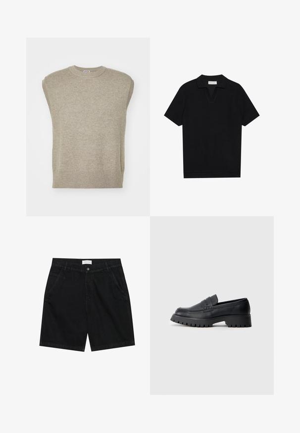 Megztas be rankovių džemperis šviesiai bežėje, su apvaliu kaklu, raukinėtu apvadu ir paprastu dizainu, pasižyminčiu svoriu tekstūra.; Juodas trumpas rankovėmis polo marškinėliai su tekstūruota, grioveliais audiniu, turi V formos iškirptę ir tiesų apačią. Nėra matomų logotipų ar raštų.; Juodi džinsiniai šortai su klasikiniu kirpimu, turintys dvi priekinės kišenes, mygtuko užsegimą ir etiketę ant juosmens. Textūruotas audinys.; Juodi odiniai loaferiai su apvalia nosimi, dekoratyvine juostele ir masyvia guminėmis padangomis su giliomis protekcijomis sukibimui.