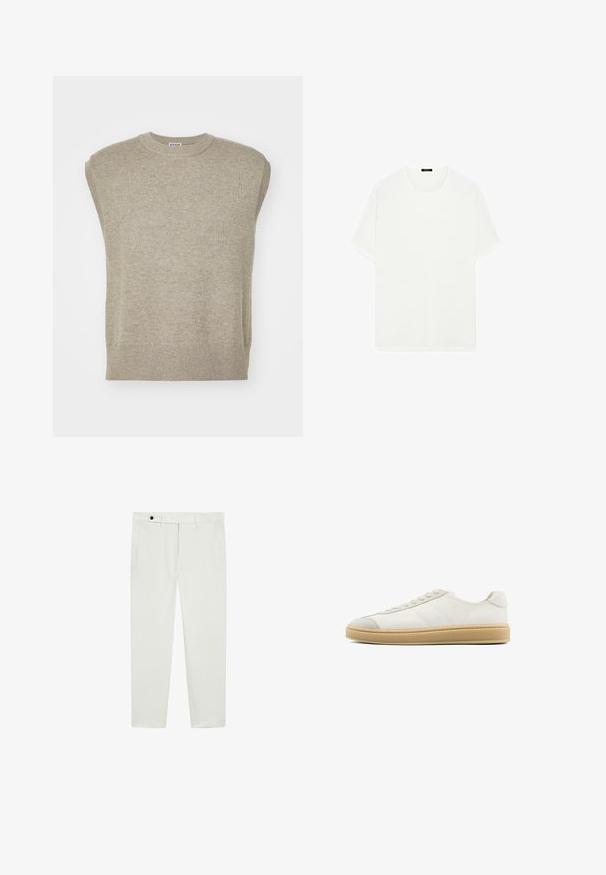 Pull sans manches en tricot de couleur beige clair, avec un col rond, un ourlet côtelé et un design simple avec une texture lisse.; T-shirt blanc à manches courtes en tissu doux. Présente un col rond classique et une coupe droite, sans motifs ni accents visibles.; Pantalon en coton blanc avec une coupe ajustée, doté d'une fermeture à bouton, de deux poches latérales et de détails de couture minimalistes.; Baskets en suède blanches avec une texture lisse, bout arrondi, laçage à l'avant et semelle en caoutchouc beige. Présentent de subtiles rayures latérales et des accents sur le talon.