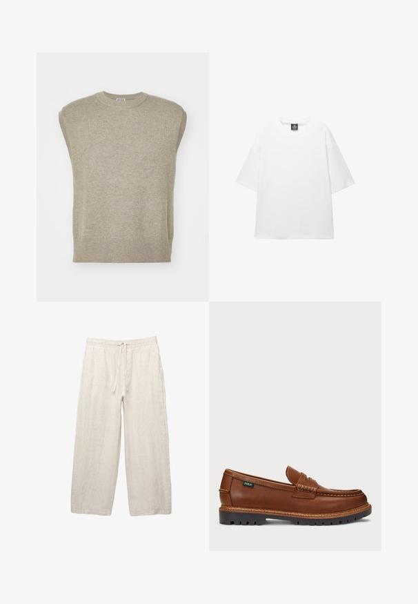 Pull sans manches en tricot de couleur beige clair, avec un col rond, un ourlet côtelé et un design simple avec une texture lisse.; T-shirt blanc surdimensionné avec des manches courtes, un col rond et un tissu en coton doux. Présente une étiquette noire au niveau du cou. Sans motifs ni accents.; Pantalon en lin beige clair, avec une taille élastique dotée d'un cordon de serrage, un design large et des poches latérales. Texture lisse.; Loafer en cuir marron avec des surpiqûres décoratives et une texture au niveau de la pointe. La semelle présente un design robuste, offrant adhérence et durabilité.
