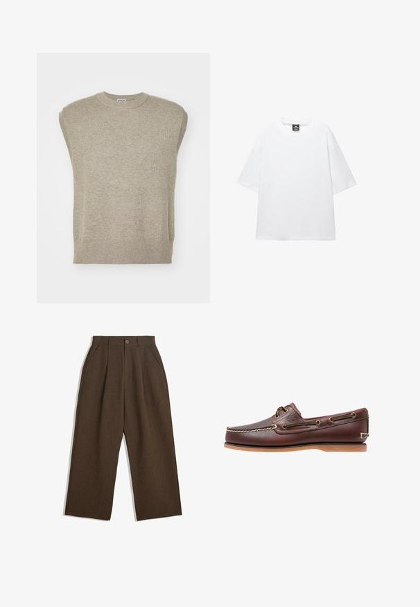 Gebreide mouwloze sweater in licht beige, met een ronde hals, geribbelde zoom en een eenvoudig ontwerp met een gladde textuur.; Witte oversized t-shirt met korte mouwen, ronde hals en zachte katoenen stof. Heeft een zwart label bij de hals. Geen patronen of accenten.; Bruine geplooide broeken met een wijdvallend ontwerp, voorzien van een knoopsluiting en zijzakken, gemaakt van een textiel dat geschikt is voor casual wear.; Bruine leren bootschoen met witte stiksels, bruine veters en een tan rubberen zool. Heeft een logo aan de zijkant en metalen oogjes voor de veters.