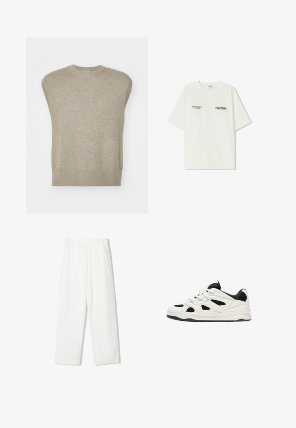 Knit sleeveless sweater in light beige, featuring a round neck, ribbed hem, and simple design with smooth texture.; White cotton t-shirt with short sleeves. Front features black text: “NOT TOMORROW NOT TODAY” and “THE ART OF DIRT NOVING” in green script.; White, wide-legged pants made of textured fabric. Features an elastic waistband and two side pockets. Casual, loose fit design.; White and black athletic shoes with a textured sole, featuring cut-out designs on the sides and laces, and a cushioned back for support.