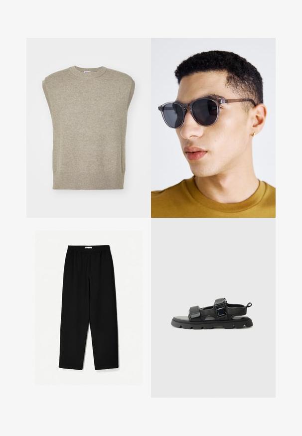 Ärmelloser Strickpullover in hellem Beige mit rundem Halsausschnitt, geripptem Saum und schlichtem Design mit glatter Textur.; Schwarze, weit geschnittene Hose aus leichtem Stoff. Mit elastischem Bund und glatter Textur. Keine sichtbaren Muster oder Beschläge.; Schwarze Sandalen mit einem strukturierten Obermaterial aus Stoff, breiten Riemen, Metall-Schnallenakzenten und einer dicke Gummisohle mit einem Profilmuster.; Graue, runde Sonnenbrillen mit einem transparenten Rahmen, ausgestattet mit dunklen Gläsern und dünnen, eleganten Bügeln. Getragen von einer Person mit kurz gewelltem Haar.