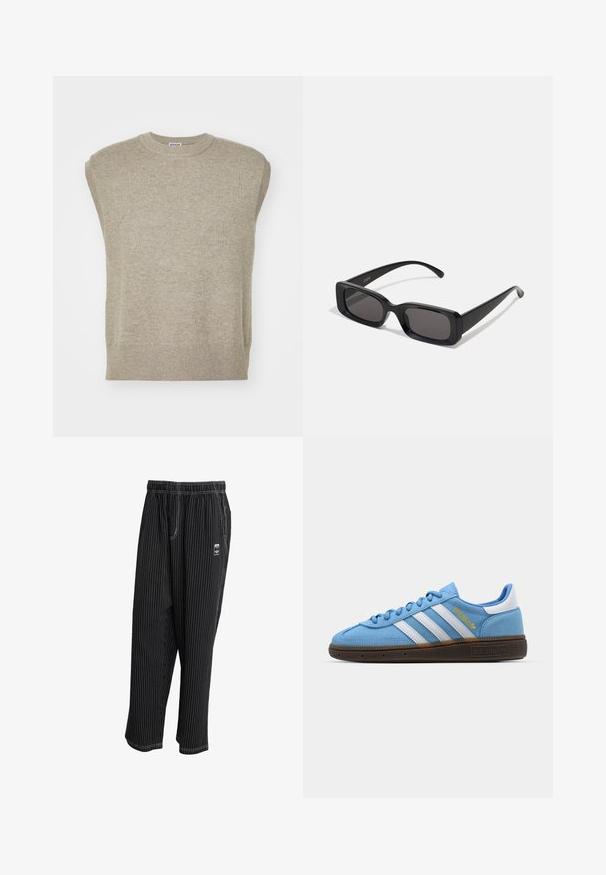 Maglione senza maniche in beige chiaro, caratterizzato da un collo rotondo, orlo a costine e un design semplice con una texture liscia.; Pantaloni neri a righe con vita elasticizzata, tasche laterali e un piccolo etichetta con logo sul davanti. Tessuto leggero con una texture liscia.; Sneakers in suede azzurro chiaro con strisce in pelle bianca, suola marrone texturizzata e dettaglio logo dorato. Design basso con punta tonda.; Occhiali da sole neri rettangolari con lenti scure, finitura lucida, aste larghe e design della montatura spessa. Nome del marchio inciso su un'asta.