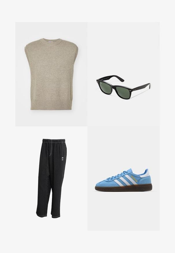 Pletený bezrúškový sveter vo svetlej béžovej farbe, s okrúhlym výstrihom, rebrovaným lemom a jednoduchým dizajnom s hladkou textúrou.; Čierne pruhované nohavice s elastickým pásom, bočnými vreckami a malou logom značkou na prednej strane. Ľahký materiál s hladkou textúrou.; Svetlomodré semišové tenisky s bielymi koženými pruhmi, hnedou štruktúrovanou podrážkou a zlatým logom. Nízky strih s okrúhlou špičkou.; Čierne plastové slnečné okuliare so zelenými šošovkami, štvorcové rámy, strieborný akcent na obočí a textúrované ramenné opierky. Brand uvedený na vnútornej strane ramien.