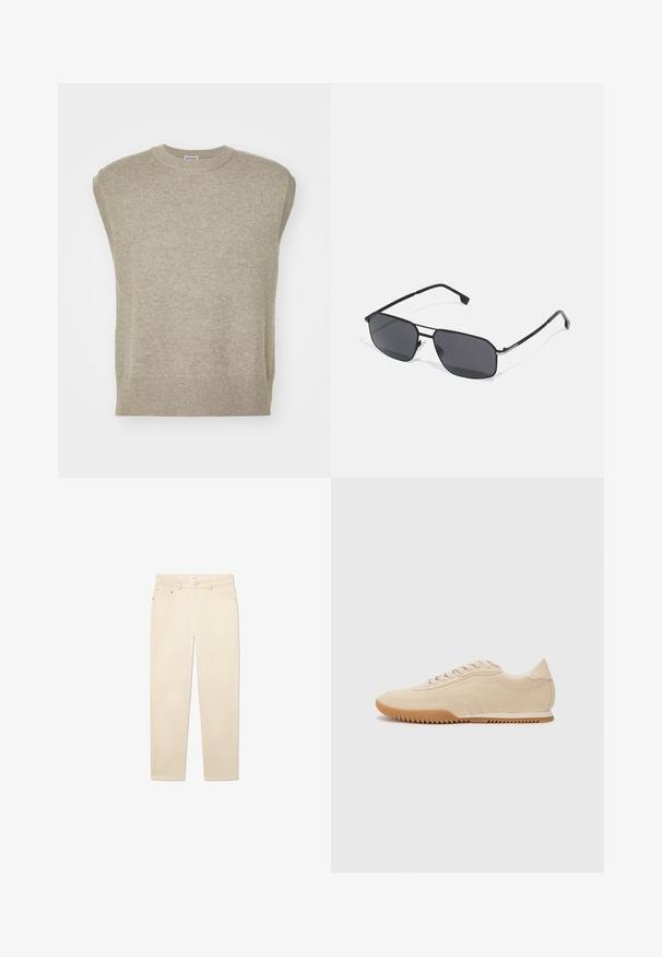 Kötött ujjatlan pulóver világos bézs színben, környakú kivágással, bordázott aljjal és egyszerű dizájnnal, sima textúrával.; Fehér bézs farmernadrág egyenes szabással, öt zsebbel, gombos és cipzáras záródással, valamint diszkrét varrási részletekkel.; Beige velúr sportcipők letisztult dizájnnal, textúrázott felsőrésszel, kerek orral és zig-zag mintázattal ellátott gumitalppal.; Fekete napszemüveg téglalap alakú kerettel, színezett lencsékkel és karcsú fémkarokkal. A kereten diszkrét ezüst kiegészítők találhatók.