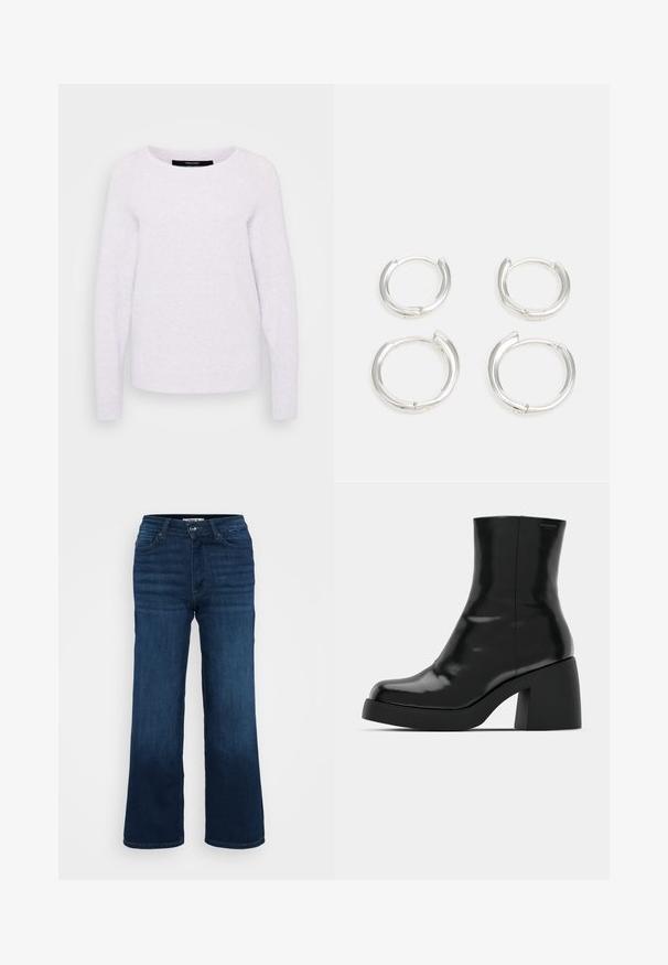 Svetlo vijoličast pulover, mehka tekstura, okrogli ovratnik, dolgi rokavi, rebrasti manšeti in rob. Preprost dizajn brez vzorcev ali okraskov.; ONLY Petite ONLMADISON BLUSH WIDE - Široke hlačnice - dark blue denim; Črne gležnjarje z sijajno površino, kvadratnim nosom in debelim blokskim peto. Oblikovanje izstopa s brezšivno silhueto in minimalnim logotipiranjem.; Srebrne obročaste uhane z gladko, polirano površino. Dva para z rahlo različnimi velikostmi. Preprost, krožen oblikovanje, lahki.