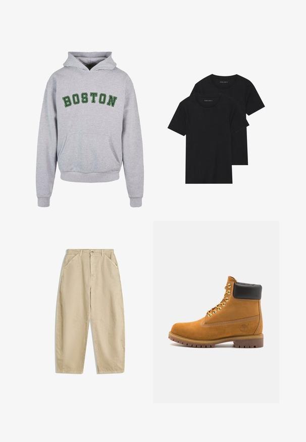 Hanorac gri cu buzunar frontal, având inscripția "BOSTON" în litere verzi închise, arcuită pe piept. Design clasic cu glugă cu șnur.; Două tricouri negre din bumbac cu mâneci scurte, cu guler rotund și o textură netedă, expuse suprapuse.; Pantaloni bej din bumbac, cu croială largă și talie înaltă, având buzunare frontale și închidere cu nasture în față. Textură netedă cu cusături curate.; Cizmă de gleznă din întoarsă de culoare bej, cu guler negru căptușit, ochiuri din metal auriu, detalii de cusătură albă și talpă din cauciuc robustă, cu un model pronunțat.