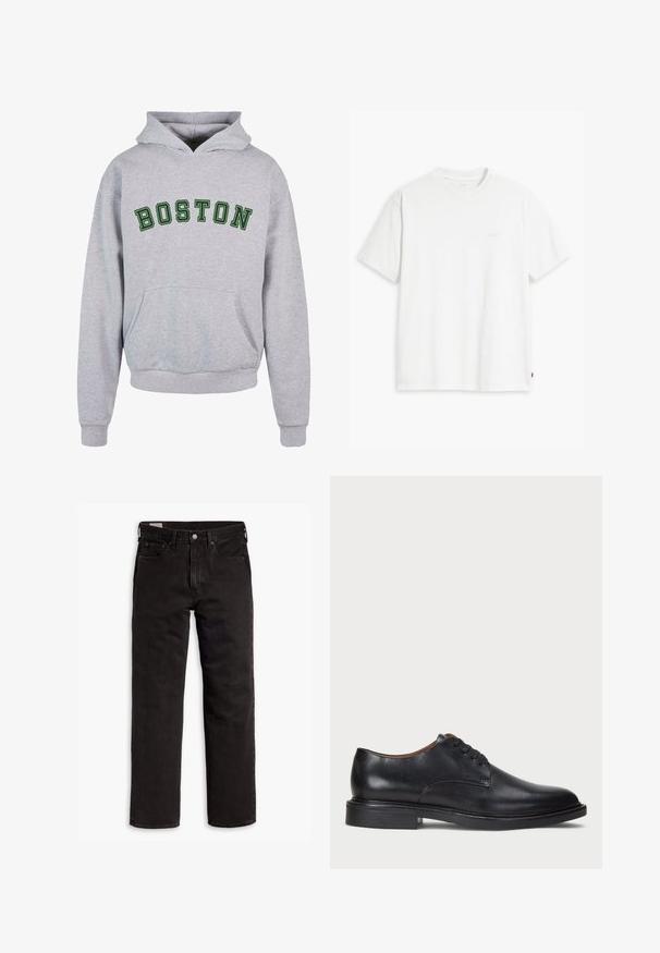 Grijze hoodie met een voorzak, met "BOSTON" in donkergroene gebogen letters over de borst. Klassiek ontwerp met een capuchon met trekkoord.; Witte katoenen T-shirt met korte mouwen, ronde hals en subtiele Levi's logo gedrukt in het midden. Zachte textuur en standaard pasvorm.; Zwarte recht gesneden denim jeans met vijf zakken, knoopsluiting en riemlussen, plat gelegd op een witte achtergrond.; Zwart leren dresschoen met een ronde neus, vetersluiting en een lage gestapelde hak. Gladde textuur met minimale stiksels.
