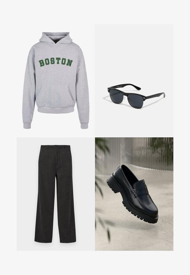 Šedá mikina s kapucí a přední kapsou, na které je nápis "BOSTON" v tmavě zeleném zakřiveném písmu přes hruď. Klasický design s kapucí na stažení.; Černé kordovanové kalhoty s širokým střihem, které mají vertikální ribovanou texturu, zipový klouzavý uzávěr s knoflíkem a přední kapsy.; Černé kožené mokasíny s robustní podrážkou, s ozdobným páskem a detailem prošívání. Hladký povrch s lesklým finišem.; Černé sluneční brýle s obdélníkovým tvarem, tmavými skly, stříbrnými akcenty na spáncích a matným povrchem rámu.