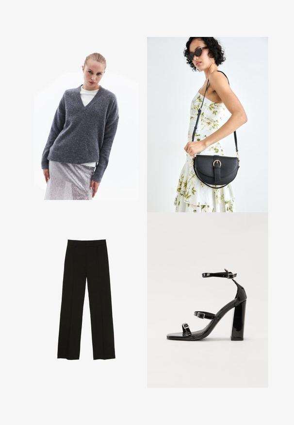 Grauer Wollpullover mit V-Ausschnitt, langen Ärmeln, lockerer Passform und gerippten Bündchen, kombiniert mit einem enganliegenden Rock aus silbernem Pailletten.; Schwarze weit geschnittene Hosen aus glattem Stoff, ausgestattet mit einem taillierten Bund und dezenten vorderen Falten für zusätzliche Struktur.; Schwarze Lackleder-Sandalen mit hohen Absätzen, zwei Riemen mit Schnallen, quadratischer Zehenpartie und klobigem Blockabsatz, mit einer glatten, glänzenden Textur.; Schwarze Lederhandtasche mit geschwungener Form, abnehmbarem Tragegurt und goldenen Beschlägen. Die Tasche verfügt über einen Deckel mit einer Schnallen-Details.