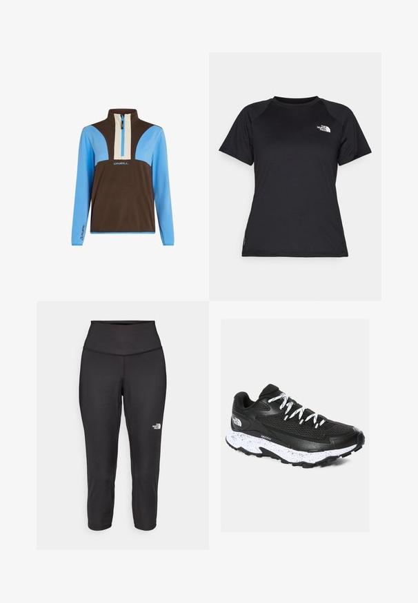 Fleece-Pullover mit halbem Reißverschluss am Kragen. Enthält braune, hellblaue und cremefarbene Paneele. Logo auf der Brust und gebrandete Details an den Ärmeln.; Schwarzes, kurzärmliges Sport-T-Shirt mit Rundhalsausschnitt und dem The North Face-Logo auf der oberen linken Brust.; Schwarze Capri-Leggings aus dehnbarem Stoff mit einem hohen Bund und einem kleinen weißen Logo auf der linken Seite. Glatte Textur.; Schwarzer Sportschuh mit Mesh-Obermaterial und strukturiertem Design. Verfügt über eine weiß gesprenkelte Zwischensohle, eine dicke schwarze Außensohle und reflektierende Schnürsenkel.