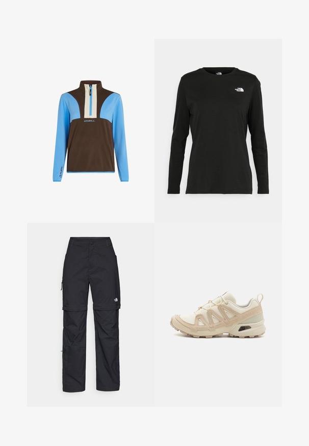 Fleece pullover med halv-zip krave. Har brune, lyseblå og cremefarvede paneler. Logo på brystet og mærkedesign på ærmerne.; Sort langærmet t-shirt lavet af bomuld med rund hals. Har et lille hvidt logo på venstre brystområde. Enkel design og pasform.; Sorte nylon cargo bukser med lynlås, justerbare manchetter, flere lommer og et logo på højre ben. Glat, let tekstur.; Beige og creme atletiksko med struktureret mesh-overdel, støttende overlays og gummiyderside med et mønster for trækkraft.