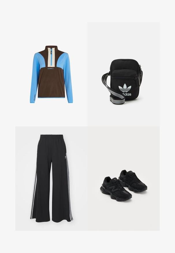 Pullover in pile con collo a mezza zip. Caratterizzato da pannelli marroni, azzurri e crema. Logo sul petto e dettagli di marca sulle maniche.; Pantaloni in felpa neri a gamba larga con vita elastica, dotati di strisce bianche sui lati e un logo ricamato sulla coscia sinistra.; Scarpe da ginnastica nere con tomaia testurizzata, caratterizzate da un distintivo logo "N", suola imbottita e un profilo elegante e moderno.; Borsa a tracolla in tessuto nero con chiusura a zip, caratterizzata da un logo Adidas bianco e una tracolla regolabile a righe per un facile trasporto.