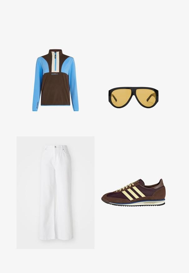 Fleece pulover s ovratnikom na polovično zatvaranje. Ima smeđe, svijetloplave i kremaste panele. Logo na prsima i brendirani detalji na rukavima.; Bijele traperice širokih nogavica s visokim strukom, s prednjim džepovima i zatvaranjem na srebrni gumb. Tekstura je glatka s jednoličnom bojom.; Smeđi i burgundski teniski s uzorcima od antilopa i mrežastih materijala, s tri kremaste pruge, teksturiranim materijalom na jeziku i gumeni potplat.; Sunčane naočale s elegantnim okvirom od crnog plastike i žutim lećama, s izrazitim kutnim oblikom i širokim sljepoočnicama za dodatnu zaštitu.