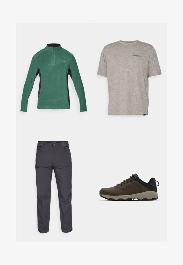 Green fleece pullover with a quarter zip, black side panels, and long sleeves. Features a smooth texture and a small logo on the chest.; Gray short-sleeve t-shirt made of soft, textured fabric featuring a small blue Patagonia logo on the left chest. No additional patterns.; Dark gray trousers made of durable fabric, featuring a zippered pocket, straight cut, and belt loops for adjustable fit.; Brown waterproof sneakers with a textured upper, perforated accents, black heel support, and a grey rubber sole. Laces are styled with metallic ends.