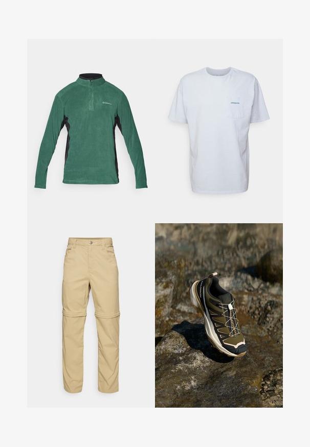 Zelený flísový pulovr s čtvrtinovým zipem, černými bočními panely a dlouhými rukávy. Disponuje hladkou strukturou a malým logem na hrudi.; Bílá bavlněná tričko s krátkými rukávy, kulatým výstřihem a kapsou na levé straně hrudi, která má modré logo "Patagonia". Klasický střih s hladkou strukturou.; Béžové kalhoty se zipem, hladkého povrchu, s dvěma bočními kapsami, knoflíkovým zapínáním a ohrnovacími manžetami pro všestranné použití.; Trekové boty v olivově zelené a černé barvě s růžovými detaily. Mají texturovaný svršek, flexibilní podrážku, vyztuženou špičku a barevný systém šněrování.