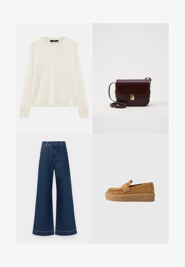 Cream-colored knitted sweater with a crew neckline, long sleeves, and ribbed accents at the cuffs and hem. Soft, fine texture.; Wide-leg blue denim jeans with a high waist, featuring a button closure, belt loops, and subtle stitching details along the pockets and hems.; Brown suede loafer with a round toe, featuring a ribbed platform sole and a decorative strap across the upper.; Brown leather bag with a flap closure, gold accent hardware, and an adjustable strap. Features a smooth texture and a sleek rectangular shape.