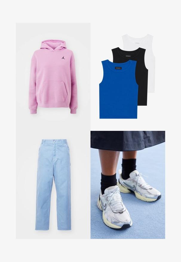 Světle růžová mikina vyrobená z měkkého materiálu, obsahuje klokaní kapsu, žebrované manžety a černé logo Jorden na hrudi.; Tři bezramínkové trička v modré, černé a bílé barvě. Materiál je ribovaný s kulatým výstřihem. Každé tričko má štítek s nápisem „even&odd.“; Světle modré džínové kalhoty se střihem se rovnými nohavicemi, zapínáním na knoflík a předními kapsami. Tkanina má jemnou texturu s hladkým povrchem.; Bílé a stříbrné tenisky Nike z prodyšné tkaniny s reflexními akcenty a béžovou podrážkou. Nosené s černými ponožkami, stojící na modrém povrchu.