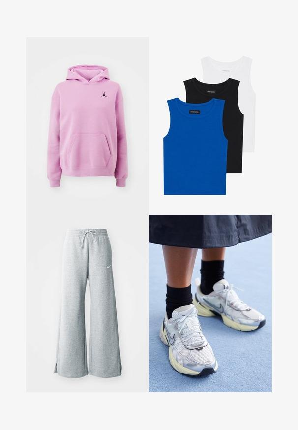 Ljusrosa hoodie i mjukt tyg, med en känguruficka, ribbade ärmmuddar och en svart Jorden-logga på bröstet.; Tre ärmlösa tröjor i blått, svart och vitt. Tyget är ribbat med rund halsringning. Varje tröja har en etikett märkt "even&odd."; Ljusgrå träningbyxor i mjukt tyg, med dragsko i midjan, vida ben och sidofickor. Nike-logotyp diskret placerad.; Vita och silver Nike-sneakers i mesh-material, med reflexdetaljer och en beige sula. Bärs med svarta strumpor, står på en blå yta.