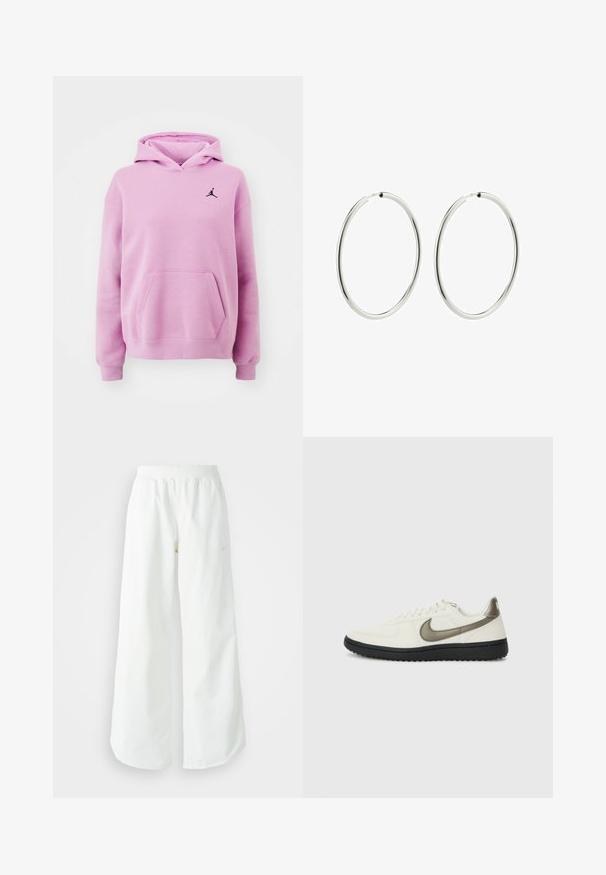 Šviesiai rožinė kapučino striukė iš minkštos medžiagos, turi kengūros kišenę, raakos rankoves ir juodą Jorden logotipą ant krūtinės.; Balti sportiniai keliai su platėjančiomis kojomis, su įtemptu juosmeniu ir subtilia logotipo detale. Lygus audinys, laisvas kirpimas ir siaurėjantis apatinis kraštas.; Nike Sportswear FIELD GENERAL - Sportbačiai - off-white/black; Sidabriniai auskarai su lygiu, blizgiu paviršiumi. Apskritimo forma, vienodas plotis, sukurti lengvam užsegimui. Paprasti ir elegantiški.