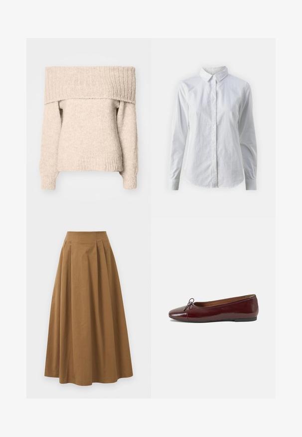 Suéter beige sin hombros hecho de un tejido de punto texturizado, con un amplio escote acanalado y mangas largas con puños ajustados.; Camisa blanca de botones hecha de algodón suave, con un cuello clásico, mangas largas y un dobladillo curvado. Los botones son pequeños y blancos.; Falda de algodón marrón en corte A con una cintura alta, que presenta plisados en la parte frontal y una textura suave. Los acabados del dobladillo son limpios y simples.; Bailarina de charol burdeos con punta redonda, pequeño lazo en la parte frontal y una suela baja de goma negra. Textura suave.