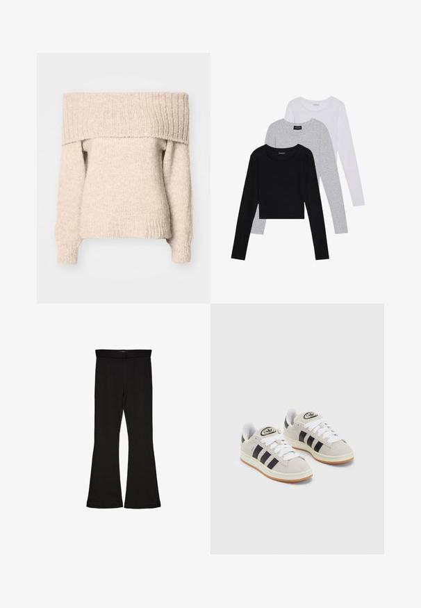 Bež pulover brez naramnic, izdelan iz teksturirane pletenine, z širokim rebrastim izrezom in dolgimi rokavi s tesnimi manšetami.; Tri dolga rokava zložena: črna, siva in bela. Vsaka ima okroglo izreznico in skrajšan dizajn z gladkim, lahkotnim materialom.; Črne flare leggings iz raztegljive tkanine. Imajo širok pas in gladko teksturo, s prilegajočo silhueto, ki se na robu razširi.; Sive športne čevlje iz semiša z belimi vezalkami, črnimi črtami in belim gumijastim podplatom. Imajo okroglo oznako na ježku in podplat iz gume.