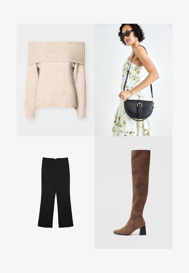 Beżowy sweter odsłaniający ramiona, wykonany z teksturowanej dzianiny, z szerokim ściągaczem u szyi oraz długimi rękawami z dopasowanymi mankietami.; Czarne spodnie o prostym kroju, z przednimi kieszeniami i bocznymi rozcięciami na dole. Wykonane z miękkiego, gładkiego materiału. Odpowiednie na różne okazje.; Brązowe wysokie do kolan botki z miękkiego zamszu, z ostrym noskiem i masywnym czarnym obcasem. Projekt charakteryzuje się bezszwowymi przeszyciami, co nadaje elegancki wygląd.; Czarna skórzana torebka o zakrzywionym kształcie, z odpinanym paskiem i złotymi akcentami. Torebka posiada klapę z zapięciem w kształcie klamry.