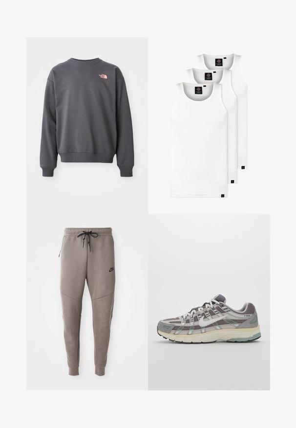 Grå hettegenser laget av en bomullsblanding, med rund hals, ribbestrikkede mansjetter og nederkant. Har en liten rosa logo på øverste venstre bryst.; Tre hvite ribbestrikkede tank topper laget av bomull. Har en rund hals og små svarte etiketter nær kanten. Tilgjengelig i flere størrelser.; Grå Nike joggebukser med snor i midjen, smale ben, sidelommer og distinkte sømdetaljer. Myk, teksturert stoff.; Grå treningssko med overdel i nett og semsket skinn, hvite detaljer, en polstret såle, og et særpreget design med reflekterende elementer.