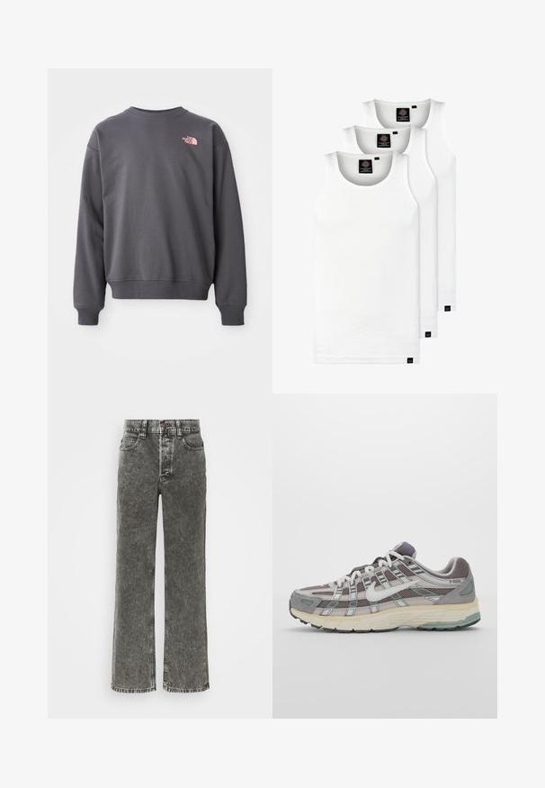 Sweatshirt cinza feito de uma mistura de algodão, com decote redondo e punhos e barra canelados. Apresenta um pequeno logotipo rosa na parte superior esquerda do peito.; Três tops em algodão de alças brancas com nervuras. Apresentam um decote redondo e pequenas etiquetas pretas perto da bainha. Disponíveis em vários tamanhos.; Calças largas em denim preto desbotado, com fecho de botão, design de cinco bolsos e costura em contraste ao longo das costuras.; Sapatilha atlética cinza com parte superior em malha e camurça, detalhes brancos, sola acolchoada e um design distinto com elementos refletivos.