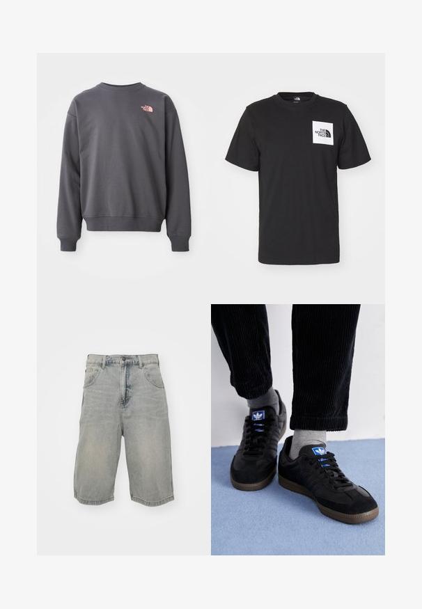 Szary sweatshirt wykonany z mieszanki bawełny, z okrągłym dekoltem, ściągaczami przy rękawach i hemie. Posiada małe różowe logo na górnej lewej części klatki piersiowej.; Czarna bawełniana koszulka z krótkim rękawem, okrągłym dekoltem oraz białym kwadratowym logo na klatce piersiowej, na którym znajduje się tekst "The North Face" oraz lekko zakrzywiony wzór.; Jasnoniebieskie szorty dżinsowe o luźnym kroju, z pięcioma kieszeniami, szlufkami na pasek oraz przetartą fakturą. Krawędź jest podwinięta i przyszyta.; Czarne trampki z materiału zamszowego i skórzanego, z niebieskim logo i brązową gumową podeszwą. Dobrane z szarymi skarpetkami i spodniami z korduroju.