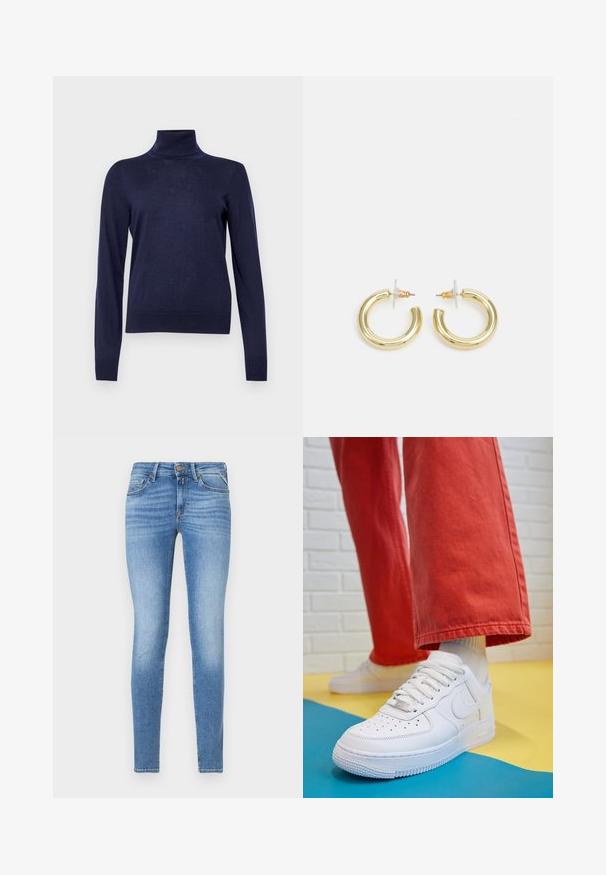 GAP Πουλόβερ - navy uniform; Λεπτά μπλε τζιν παντελόνια με μεσαία μέση, μπροστινό κουμπί και σχέδιο πέντε τσεπών.; Λευκό δερμάτινο αθλητικό Παπούτσι με τρύπες στην μύτη, υφασμάτινη σόλα και λευκές κορδόνι, συνδυασμένο με φαρδιά κόκκινα παντελόνια και μπλε-κίτρινο φόντο.; Χρυσά σκουλαρίκια κρίκοι με ομαλή, γυαλιστερή επιφάνεια. Κυκλικός σχεδιασμός που διαθέτει μια μικρή βάση και διαφανή στήριξη για ασφαλή χρήση.