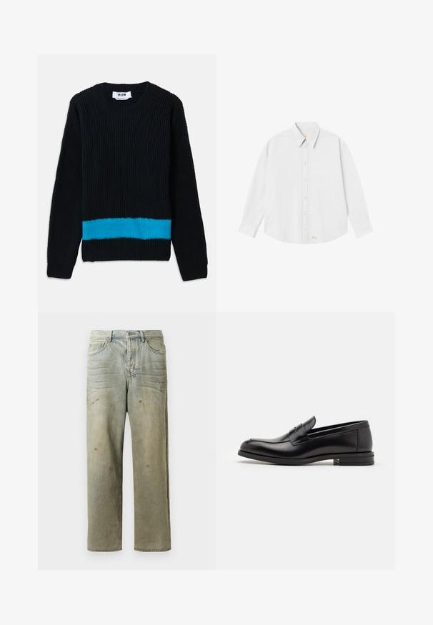 Schwarzer Strickpullover mit gerippter Textur, der am unteren Rand einen horizontalen türkisfarbenen Streifen aufweist. Klassischer Rundhalsausschnitt und lange Ärmel.; Weißes Hemd mit klassischem Kragen, langen Ärmeln und abgerundetem Saum; verfügt über ein kleines oranges Logo auf der linken Unterseite.; Distressed Denim-Jeans in Hellgrün, mit geradem Bein, Fünf-Taschen-Design und ungleichmäßiger Ausbleichung sowie Farbspritzern.; Schwarze Lederloafers mit glatter Textur, rundem Zehenbereich und einem dekorativen Riemen über dem Vorderfuß. Niedriger, gestapelter Absatz, minimalistisches Design.