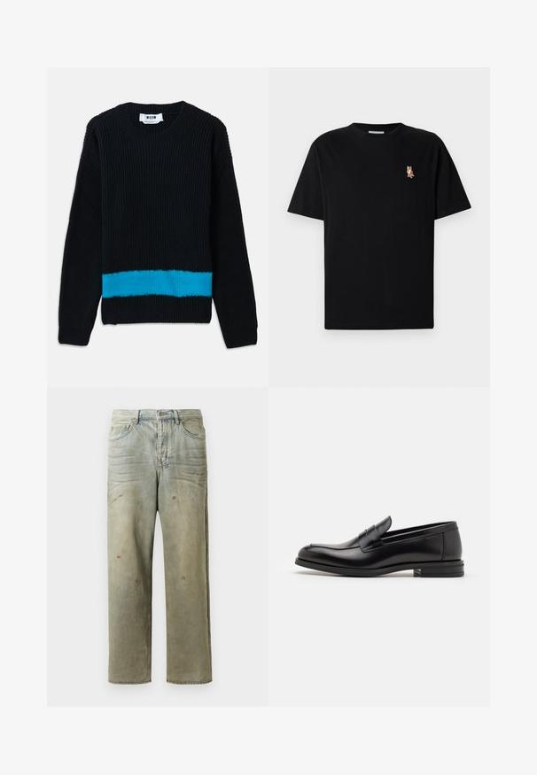 Pull en maille noir avec texture côtelée, présentant une rayure turquoise horizontale en bas. Encolure ronde classique et manches longues.; T-shirt noir à manches courtes, col rond, avec un petit logo de renard orange brodé sur la poche gauche.; Jeans en denim déchiré de couleur vert clair, avec une coupe droite, un design à cinq poches et un délavage inégal agrémenté de taches de peinture.; Mocassins en cuir noir avec une texture lisse, bout rond et une sangle décorative sur le dessus. Talon bas empilé, design minimaliste.