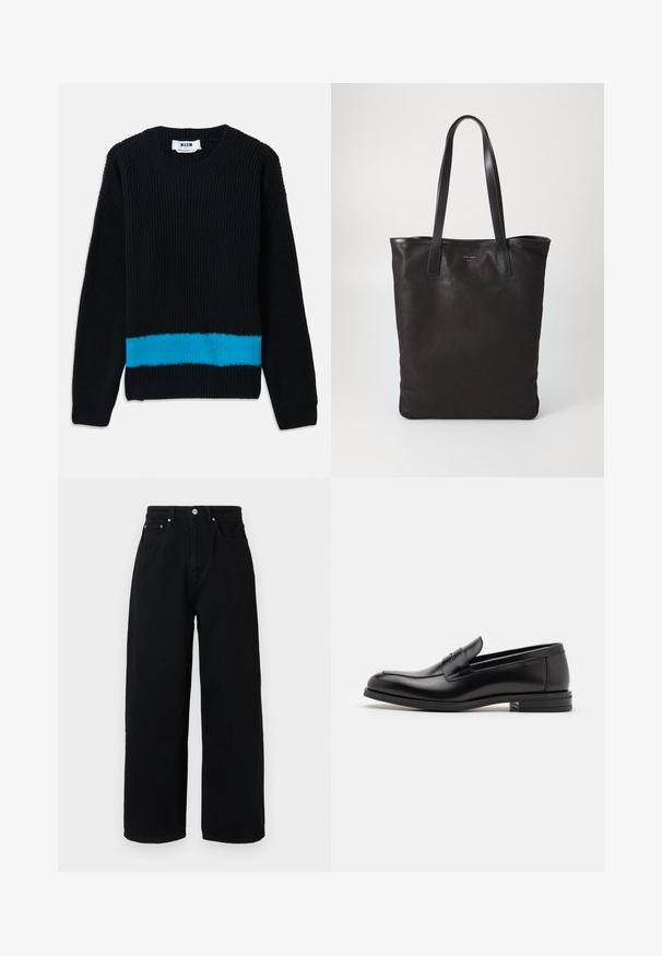 Čierny pletený sveter s ryhovanou textúrou, s horizontálnym tyrkysovým pruhom na spodnej časti. Klasický okrúhly výstrih a dlhé rukávy.; Čierne široké nohavice z bavlny, s vysokým pásom, prednými vreckami, strieborným gombíkom a čistým lemovaním.; Čierne kožené mokasíny s hladkou textúrou, zaoblenou špičkou a dekoračným pásikom cez priehlavok. Nízky vrstvený opätok, minimalistický dizajn.; Čierna plátená taška s čiernymi koženými ušami. Jednoduchý dizajn, priestranné telo a hladká textúra. Žiadne viditeľné logo ani vzory.