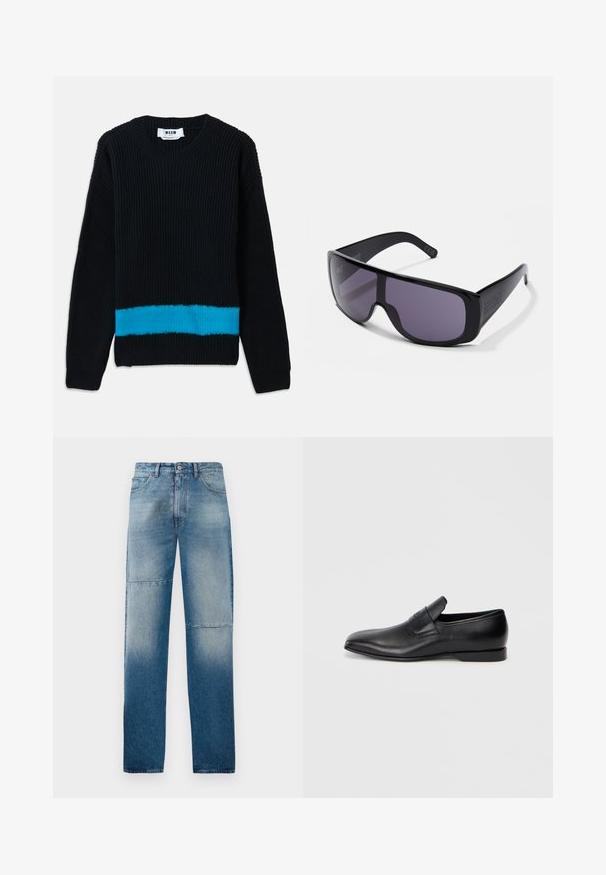 Maglione nero lavorato a maglia con texture a coste, caratterizzato da una striscia orizzontale turchese nella parte inferiore. Collo a giro classico e maniche lunghe.; Jeans in denim azzurro chiaro con design a gamba dritta, lavaggio sbiadito e due cuciture orizzontali. Presentano cinque tasche e una chiusura con bottone.; Scarpa nera in pelle slip-on con punta affusolata, texture liscia e branding discreto sul lato. Tacco basso con un design pulito e minimalista.; Occhiali da sole neri con design avvolgente, lenti scure, montatura in plastica liscia e logo discreto sulla asta.