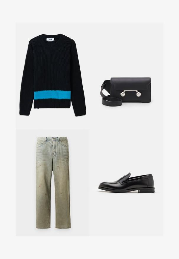 Mustavillinen neulepusero, jossa on raidoitettu pinta ja vaaleansininen vaakaraita alareunassa. Klassinen pyöreä pääntie ja pitkät hihat.; Vaaleanvihreät kulutetut farkut suoran lahkeen, viiden taskun muotoilun ja epätasaisen haalistumisen sekä maalikohoumiin kanssa.; Mustat nahkakengät, joissa on sileä pinta, pyöreä kärki ja koristeellinen nauha jalkapöydän yli. Matala pinoitu koroke, minimalistinen muotoilu.; Mustan nahkainen olkalaukku, jossa on läppäkiinnitys, hopeanväriset yksityiskohdat ja kaksi pyöreää koristetta. Varustettu irrotettavalla hihnalla. Sileä pinta.