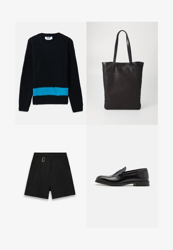 Must mustrind, millel ribide tekstuuriga must villane sviiter, mille alumises osas on horisontaalne türkiissinine triip. Klassikaline ümmargune kaelus ja pikad varrukad.; Mustad mustreeritud kangast mustad lühikesed püksid, sirge lõikega, millel on vööaas ja metallist karabiin aktsendina.; Mustad mustad nahast loafers sileda tekstuuriga, ümarat ninaosa ja dekoratiivne riba vampi üle. Madal kihiline konts, minimalistlik disain.; Mustmust kott mustade nahkade käepidemetega. Lihtne disain, avar keha ja sile tekstuur. Pole nähtavaid logosid ega mustreid.