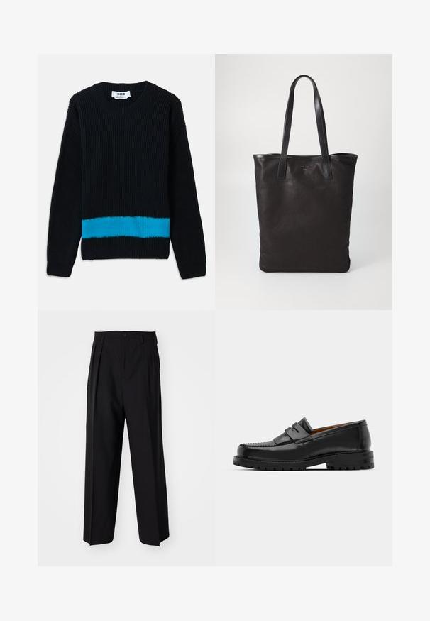 Black knitted sweater with ribbed texture, featuring a horizontal turquoise stripe at the bottom. Classic crew neckline and long sleeves.; Black pleated trousers with a straight, wide-leg design. Made from smooth fabric, featuring a button closure and belt loops.; Black leather loafers feature a raised seam, two decorative straps on the upper, and a thick textured sole for added grip.; Black canvas tote bag with black leather handles. Simple design, spacious body, and a smooth texture. No visible logos or patterns.